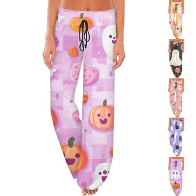 Moda feminina casual confortável pijama calças estampadas cordão calças largas