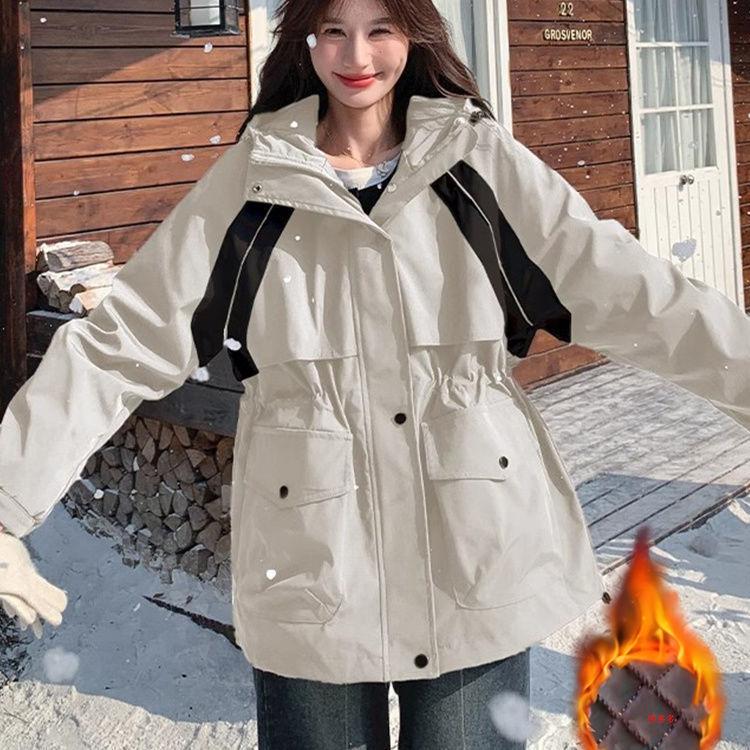 European hooded pie overcomes cotton jacket women's autumn and winter cotton padded waist thickened jacket contrasting color cotton coat