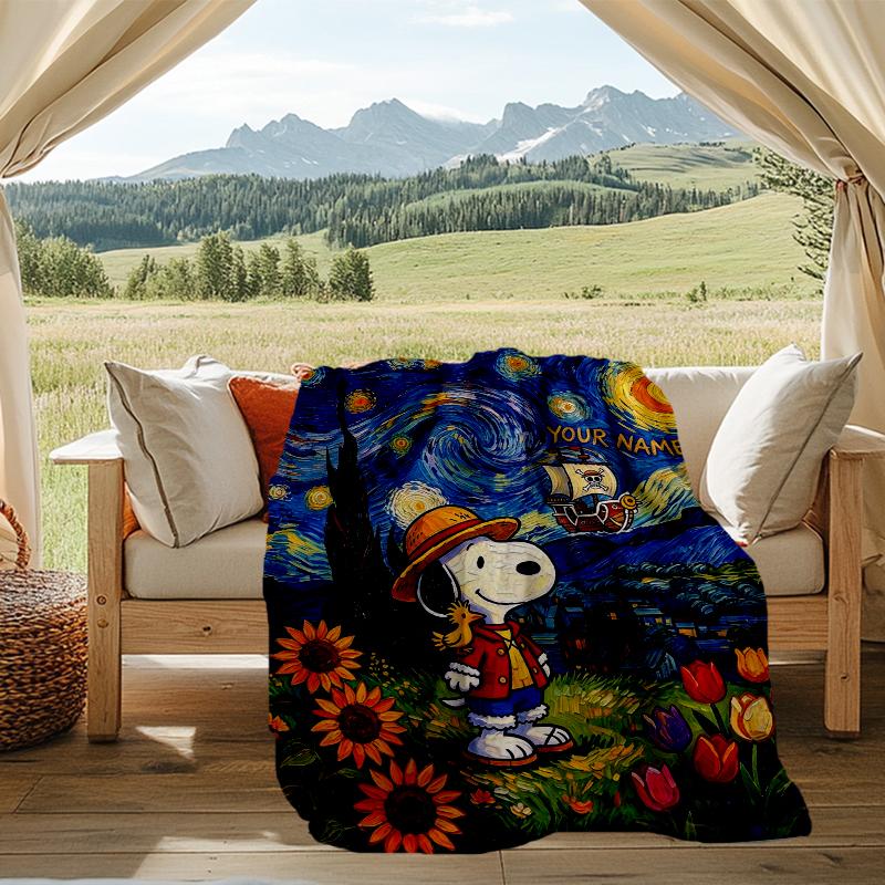 Custom Name Snoopy Flannel Fleece Blanket Cozy Warm Throw Blanket For Couch Bed Travel All Season Use