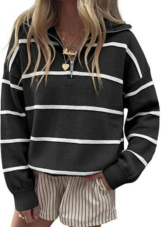 2026 Fall/Winter Women's Striped Zipper Sweater - Loose European and American Fashion Knit Pullover