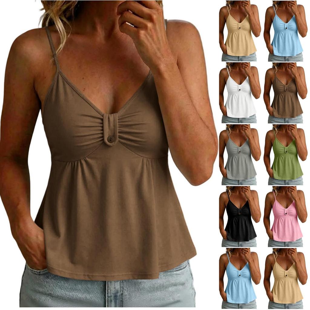 Women Sleeveless V Neck Camisole Top with Adjustable Spaghetti Straps and Decorative Button Detail for Casual Wear