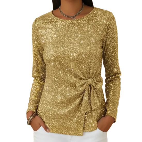 Dame Topper Rund Hals Langermet Glitrende Paljetter Pullover Topper med Skinnende Sløyfeaksenter Hverdagsklær
