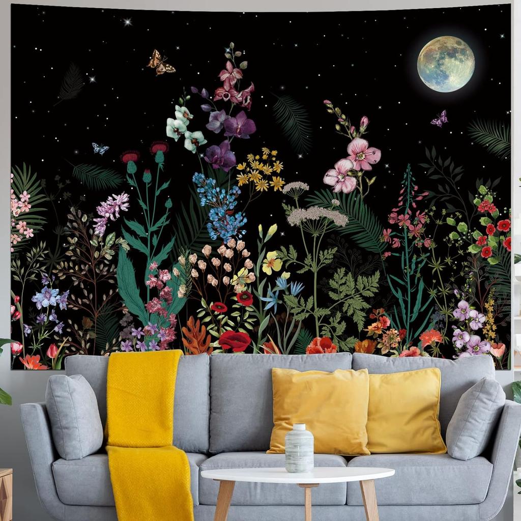 Generleo Floral Plants Tapestry Galaxy Moon Tapestries Vintage Boho Flower Butterfly Tapestries Black Starry Sky Nature Landscape Tapestry Wall