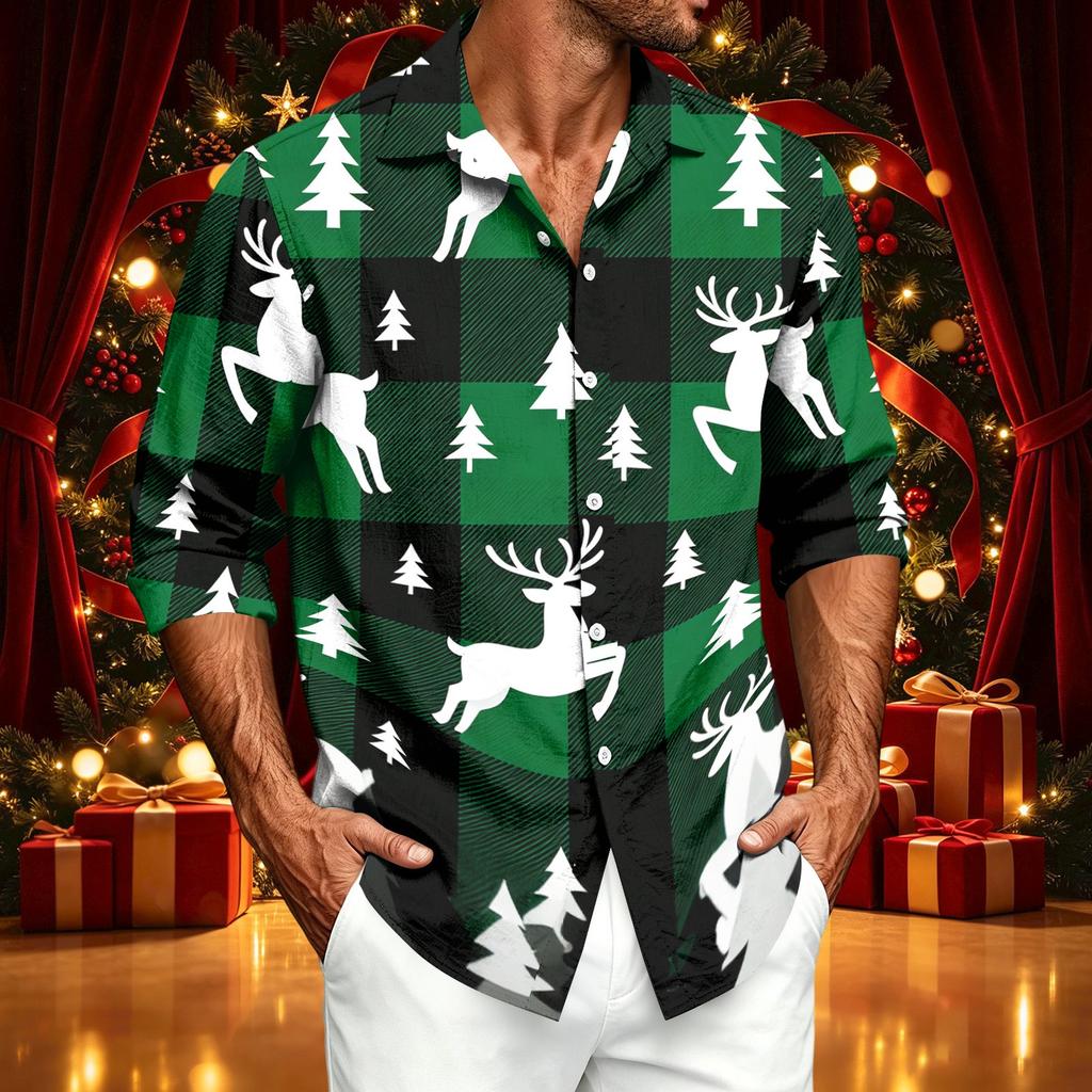 Men's Casual Long Sleeve Button Down Shirt with Christmas Print for Fall and Winter
