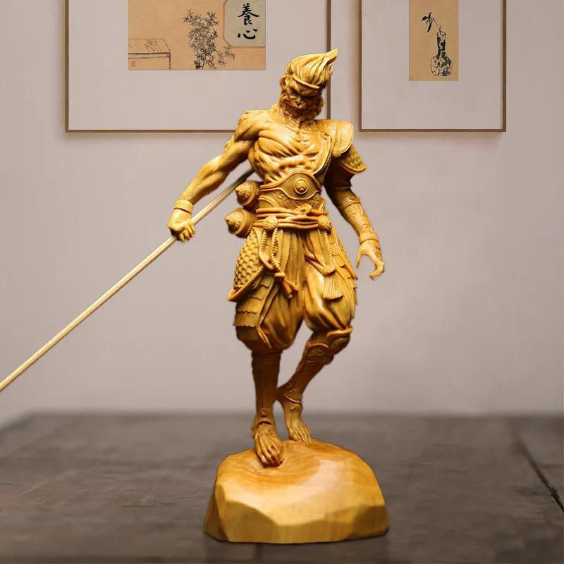 C666 Naturligt massivt trä Battle Buddha Apguden Sun Wukong Figur Staty Mytisk Apa Hem Rum Kontor Feng Shui Staty