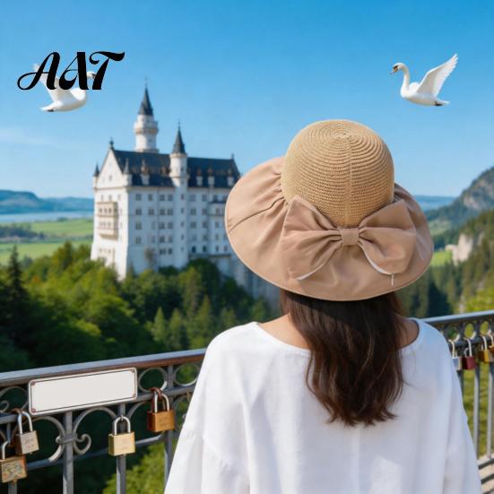 Sun Protection Hat for Outdoor Woven Hat, Women Wide Brim Beach Floppy Breathable with Bow, UV Summer Vacation Camping Travel Accessories