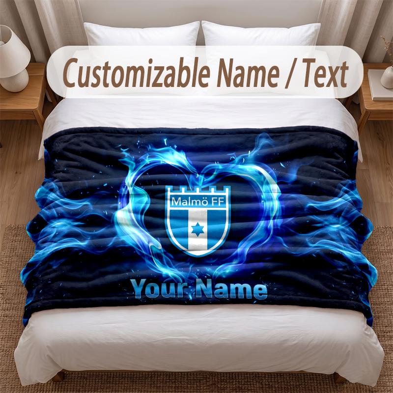 Malmö FF Printed Flannel Blanket Custom Name Text Soft Warm Throw For Bedroom Holiday Gift