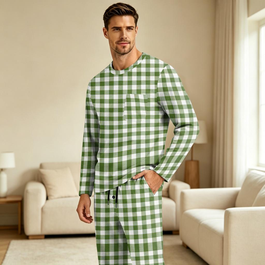 Men's Pajama Set Long Sleeve Top and Long Pants with Button Crotch and Elastic Drawstring Waist for Home Loungewear