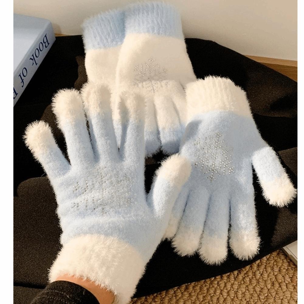 Rhinestone Snowflake Knitted Gloves Full Finger Thick Warm Winter Gloves  Cold Weather