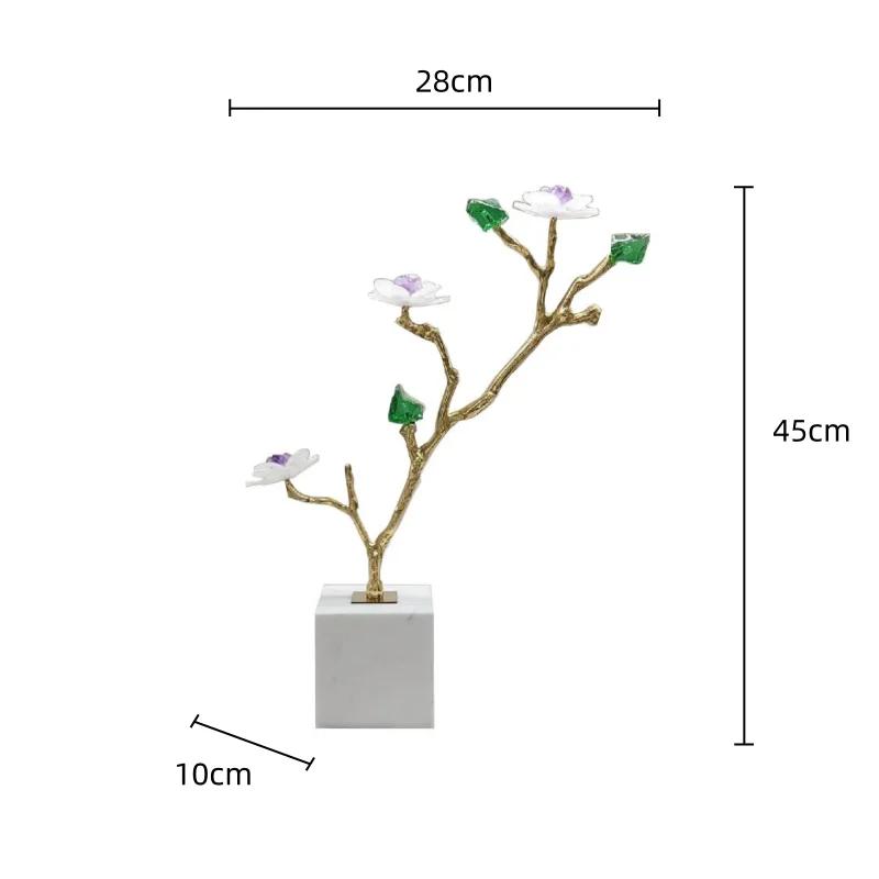 Natural Crystal Flower Metal Tree Golden Branches Crystal Sculpture Metal Figurine Marble Home Decoration Accessories