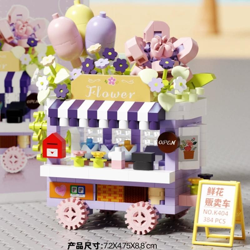 NEW DIY Selling Car Food Truck Fruit Ice Cream Store Flower Street View Building Blocks Kit Girls Bricks Model Kids Toy Children