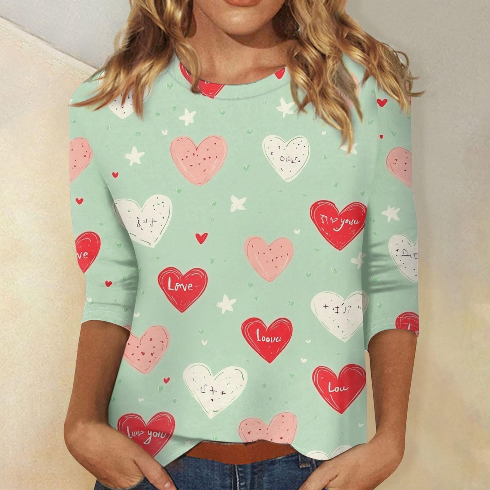 

Женские топы с рукавом три четверти, рубашка на День святого Валентина, круглая горловина, свободная повседневная рубашка XL