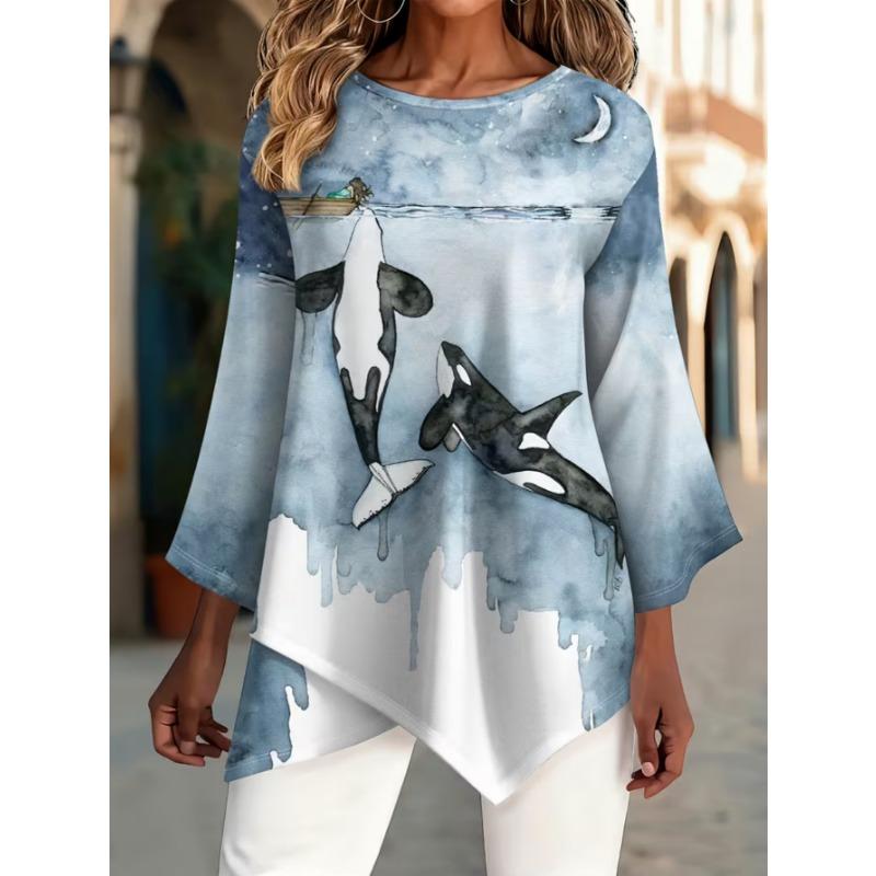 Women's fashionable printed round-neck T-shirt, with asymmetrical cross-over hem design, machine washable