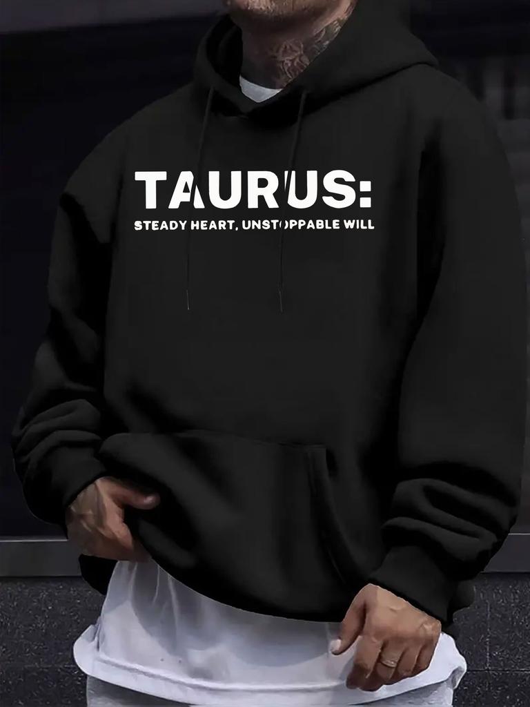 American Western Style unisex Autumn Winter Print Hooded Long Sleeve Sweatshirt, TAURUS Bull Constellation Text Print Hoodie, Regular Constellation En