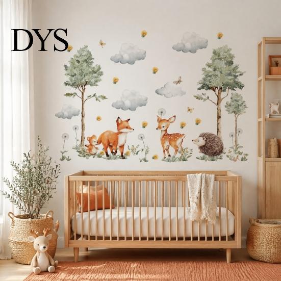 Gentle Healing Style Wall Decor Watercolor Forest Animals Stickers, Cute Fox Deer Hedgehog PVC Waterproof Decals, Low Saturation Cartoon Stickers Peel