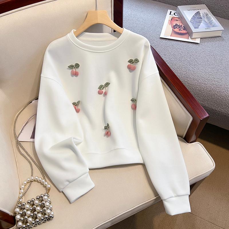 

Женский однотонный пуловер, повседневный свитшот в ленивом стиле, свободная модная одежда для бега, стереоскопический топ с вишневым узором, осенние топы S белый