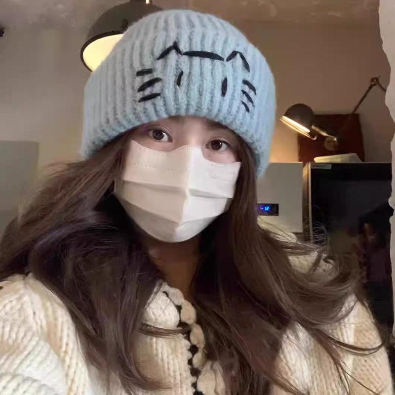 Embroidery Cute Kitten Wool Hat Female Autumn and Winter New Face Small Cold Hat Warm Ear Protection Cold Student Knitted Hat