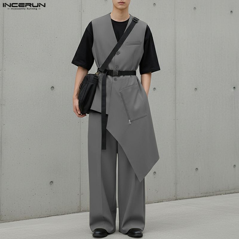 INCERUN Men Sleeveless Buttons Irregular Tops and Long Loose Pants Outfits Sets