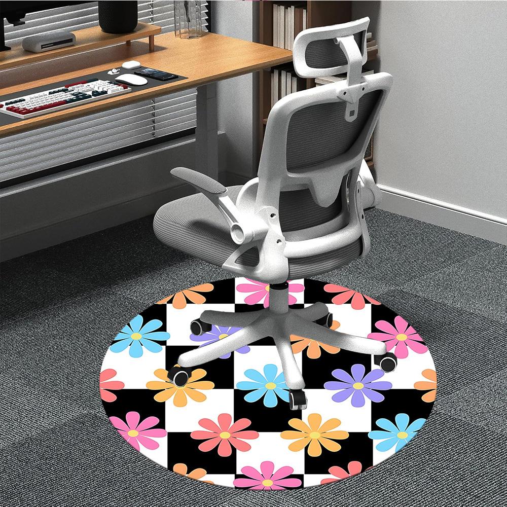 

1pc Floral Checkered Office Round Area Rug, Mat Suitable For Office, Under Office Chairs Bedroom Living Room Home Decor, Room Deco 80cm