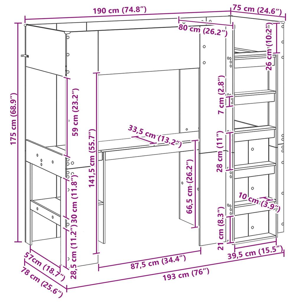 Loft Bed Frame with Desk Sonoma Oak Finish 75 x 190 cm