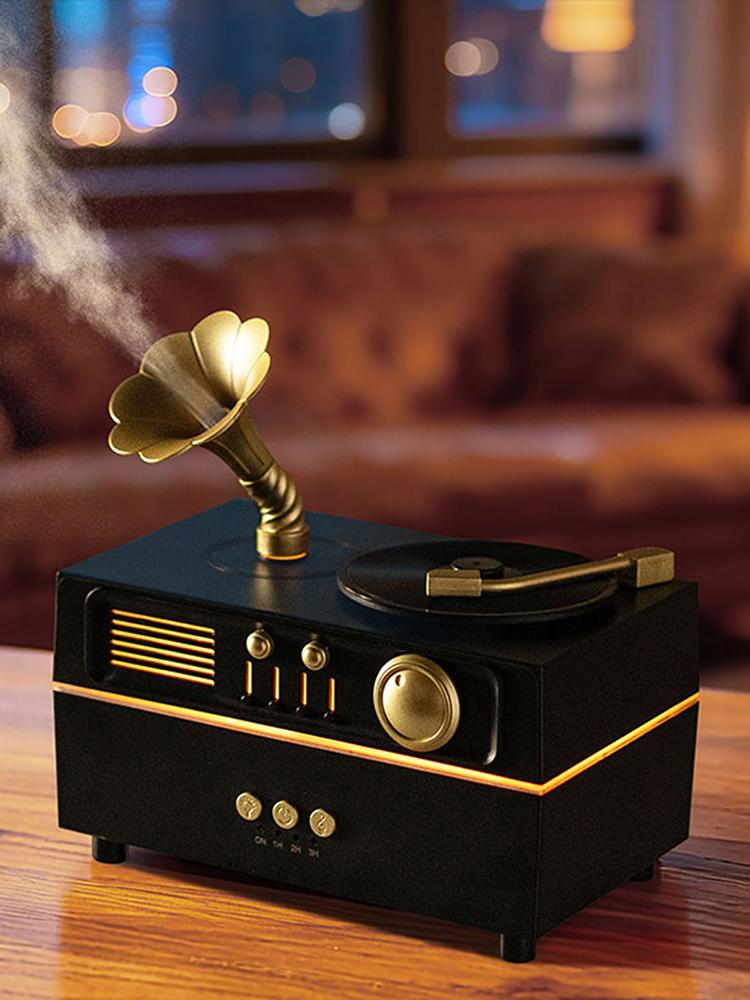 Retro Record Player Essential Oil Diffuser BT Air Diffuser Humidifier USB Charging with Timer Suitable for Room Office and Gym