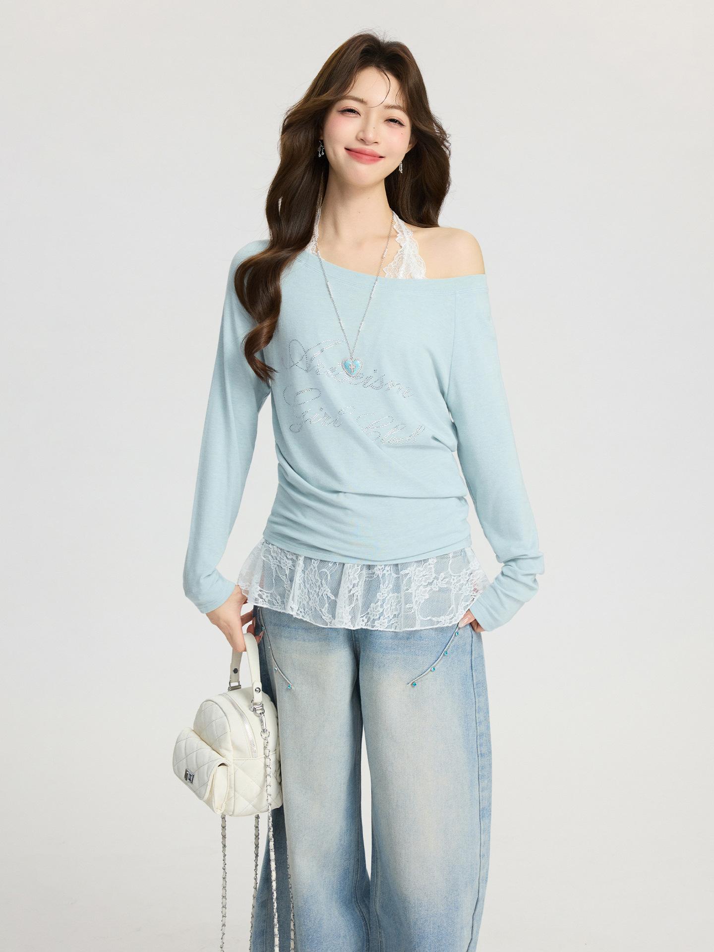 

Huge good-looking hot diamond slanted shoulder loose and lazy long-sleeved t-shirt women s spring new slim top S синий