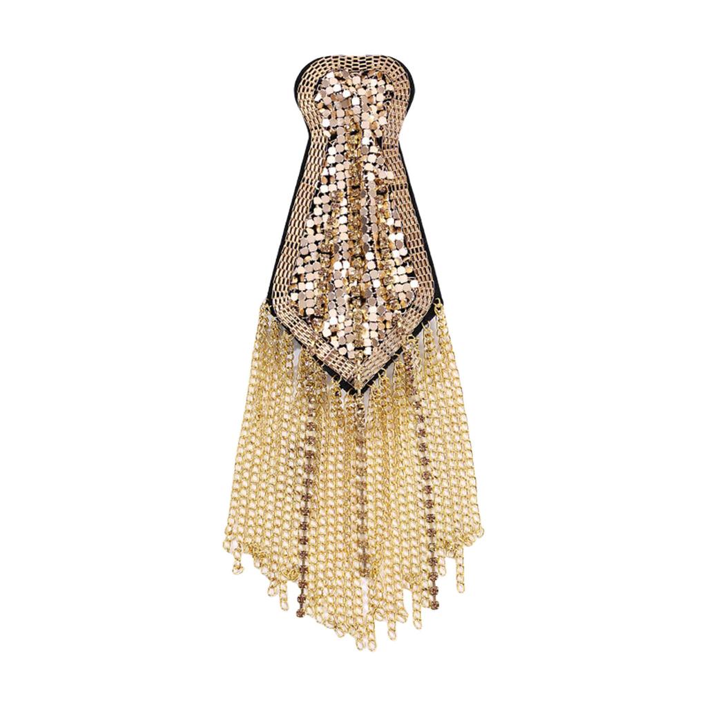 Punk Styles Bead/Rhinestone Epaulets Easy Install Pin Epaulettes with Tassels Metal Chain for Stage Costume Dress Decors