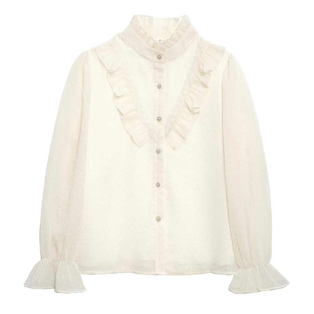Fashion New 2024 Autumn Long Sleeve Stand Collar Casual Ruffles Apricot Chiffon Blouse Shirt Women Tops Blouses Shirts J462