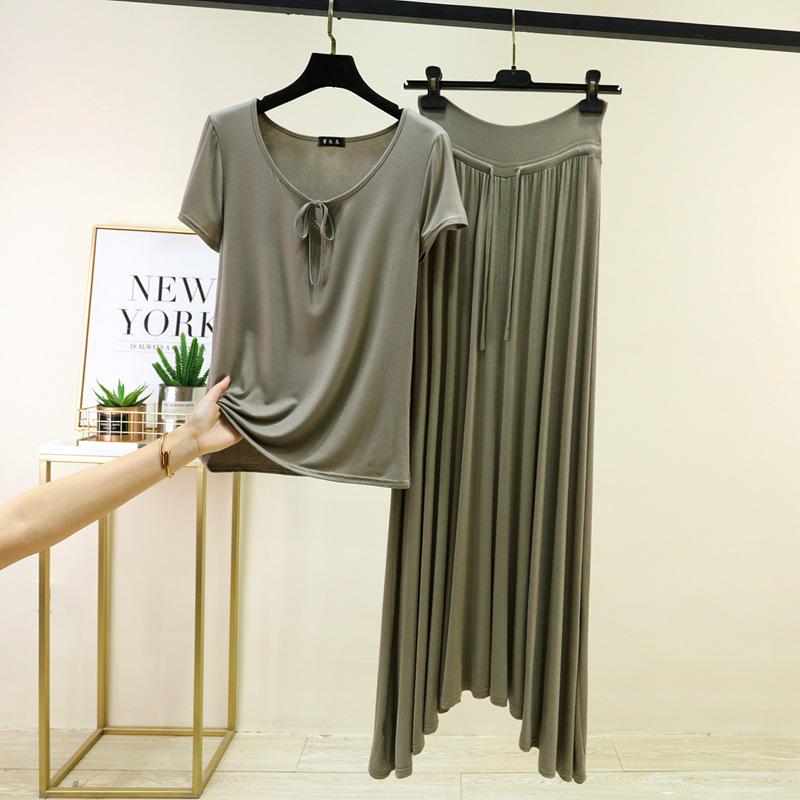 

Spring & Summer Modal Tie-Up Round Neck Tee & Drawstring High Waist Long Skirt Set XL серый/зелёный