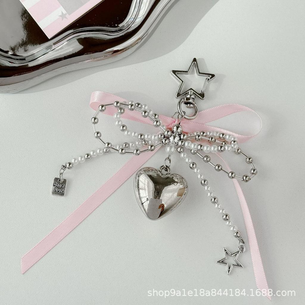 Korean Lace Bow Bag Pendant Beaded Pearl Bow Jewelry Accessories Ins Style Love Keychain