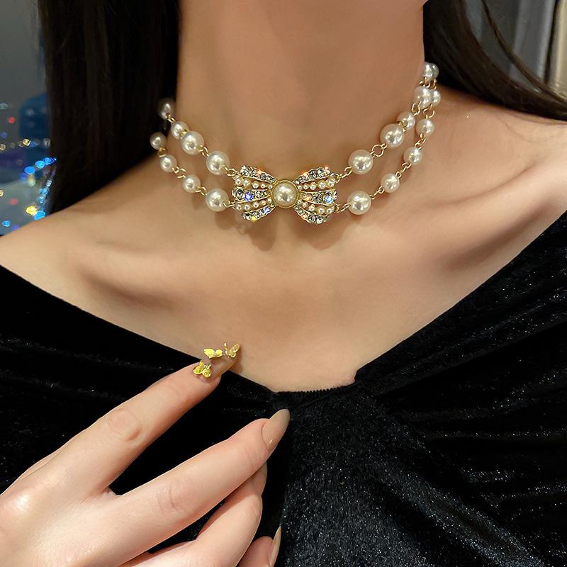 Pearl inlaid bow zircon temperament elegant double clavicle chain
