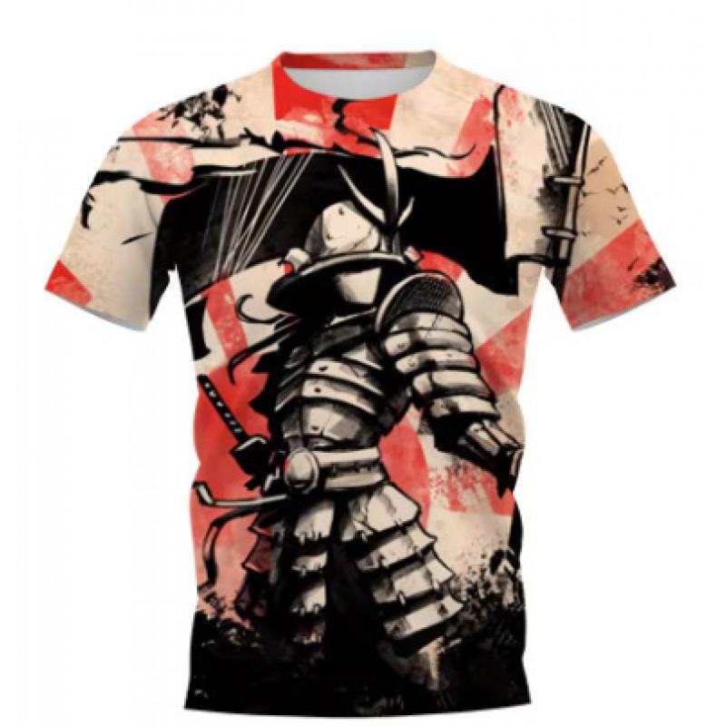 Mens Short Sleeve T-Shirt With 3D Samurai Graphic Print Breathable Cotton Blend Streetwear Style