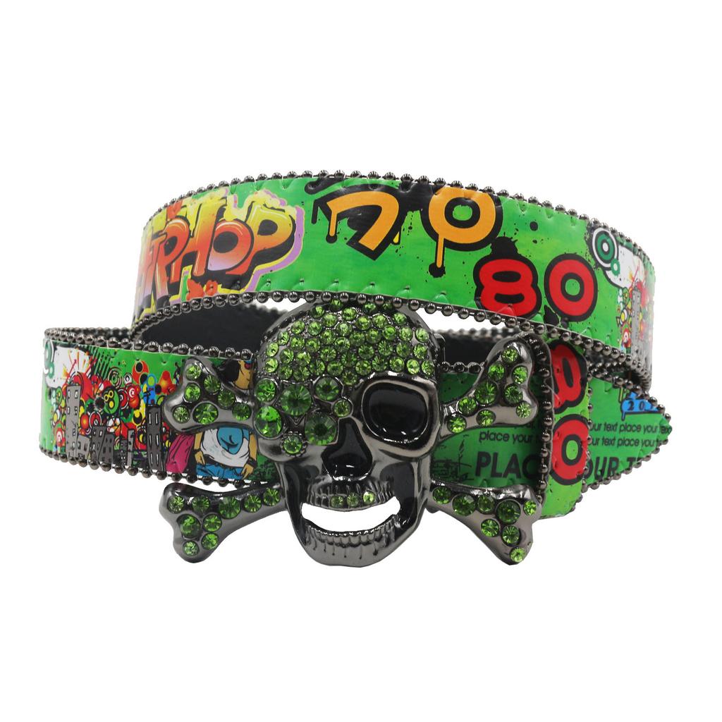 Big Skull Rhinestone belt women Men's PU leather belt Crystal set Western Cowgirl Diamond belt Colorful little tree graffiti