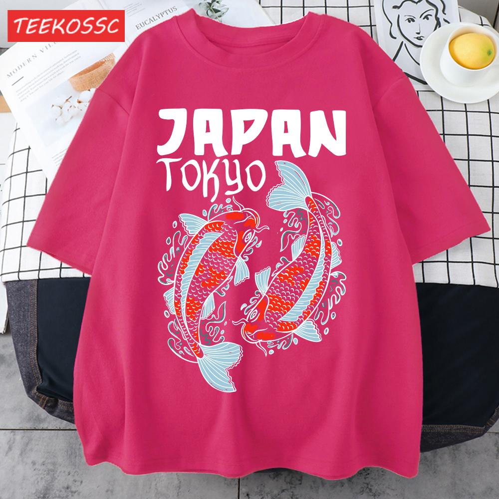 Harajuku Japan Tokyo Koi Print Man TShirt Summer New Loose Short Sleeve ONeck Cotton T Shirts Trendy Unisex AllMatch Clothes