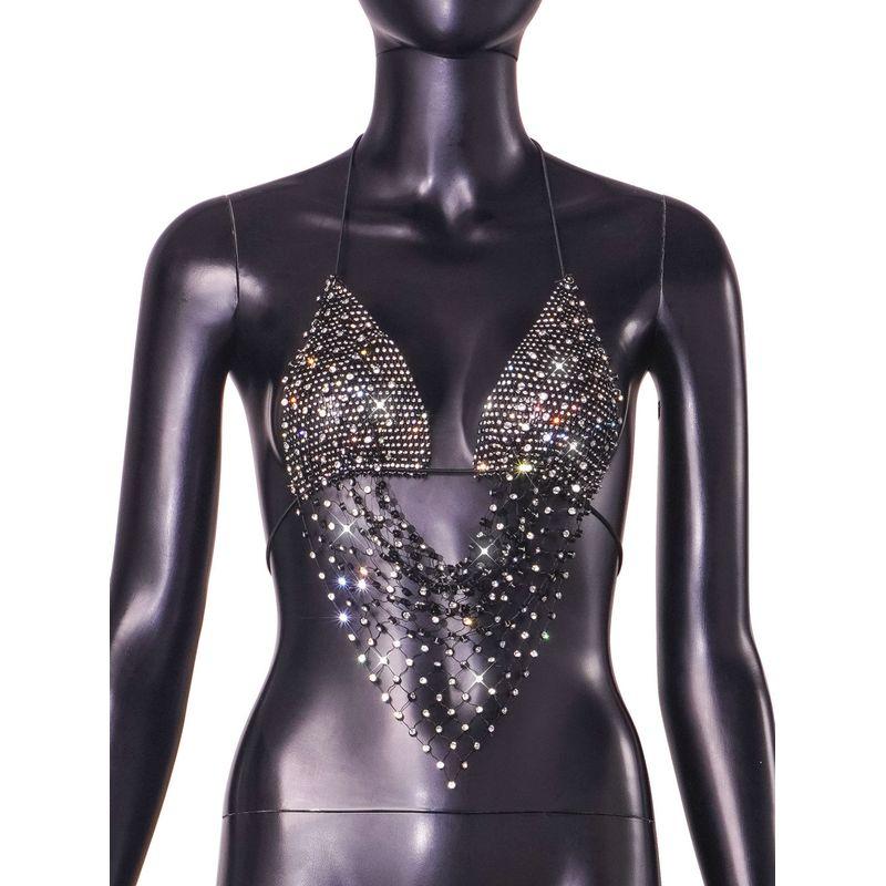 Outfitgirl Fashion Style Sexy Women Clothing Fishnet Rhinestone Shiny Halterneck Lace-up Cutout Sexy Vest