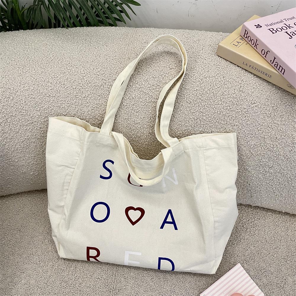 Korean Style Casual Printed Canvas Handbag for Girls – Large Capacity Shoulder Bag бежевый