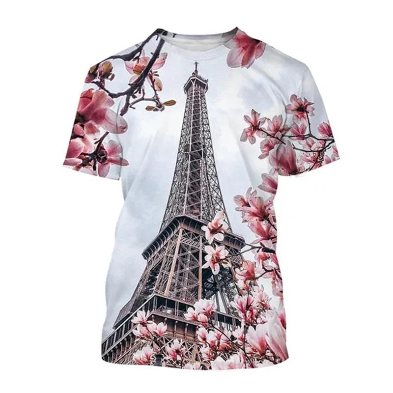 Paris Eiffel Tower 3D Print T-Shirts Streetwear Men Women Fashion Oversized O-Neck Short Sleeved T Shirt Tees Tops Clothing