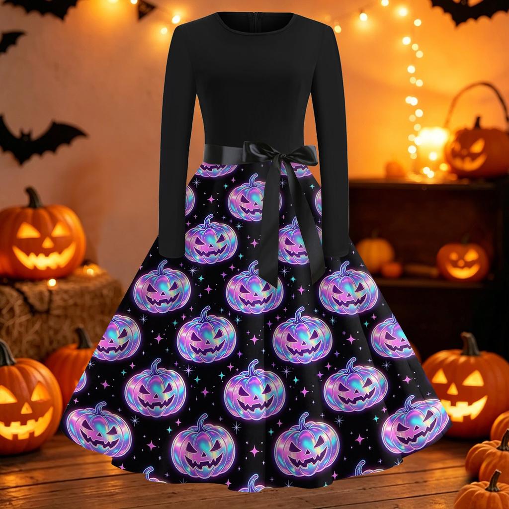 Women's Casual Long Sleeve Dress Halloween Printed Flared Skirt Round Neck Slim Fit Vintage Style Midi Dress with Waist Tie