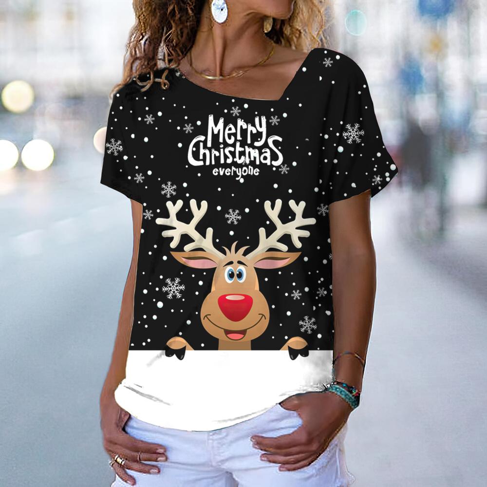 Christmas Elk Print Women's T-Shirt Kawaii Fashion Woman Clothing Oversized V-Neck Ladies Short Sleeve Tops Casual Pullover Tee