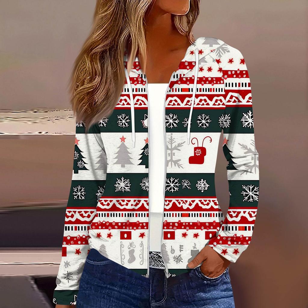 Dame Mote Juleprint Casual Glidelås Langermet Hettejakke