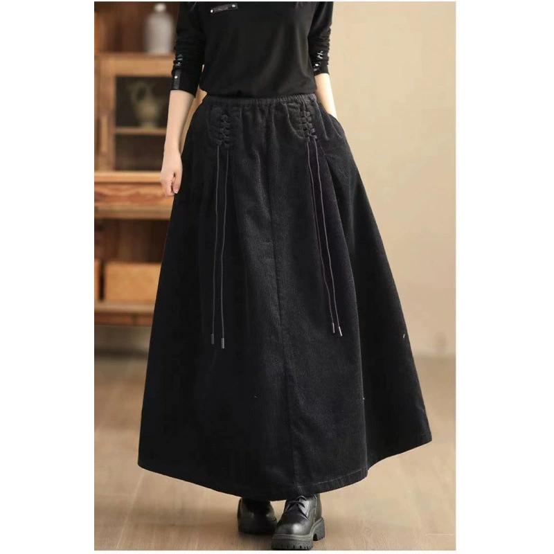 Høst og Vinter Japan og Sør-Korea Nytt Temperament Retro Kordfløyelskjørt Elastisk Midje Temperament Pendelskjørt Fløyel Langskjørt