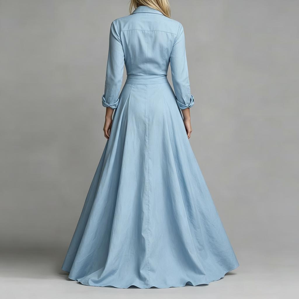Women Long Sleeve Shirt Dress High Waist Flared Maxi Dress Button Down Front Collared Casual Dress with Pockets