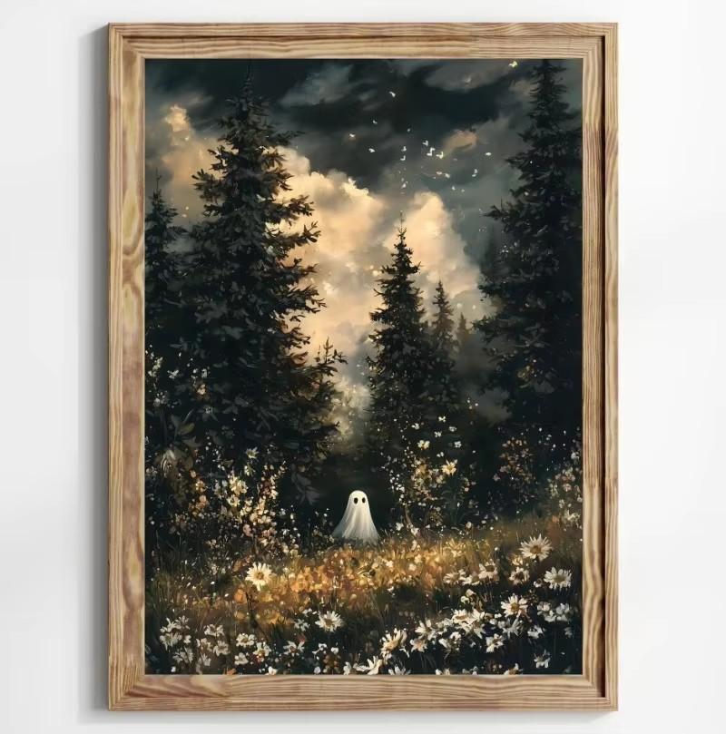 Stampa su Poster Foresta Gatto Nero Fantasma Fiori Selvatici Pittura su Tela Zucca Halloween Spettrale Arte Dark Academia Stanza Arredamento Casa