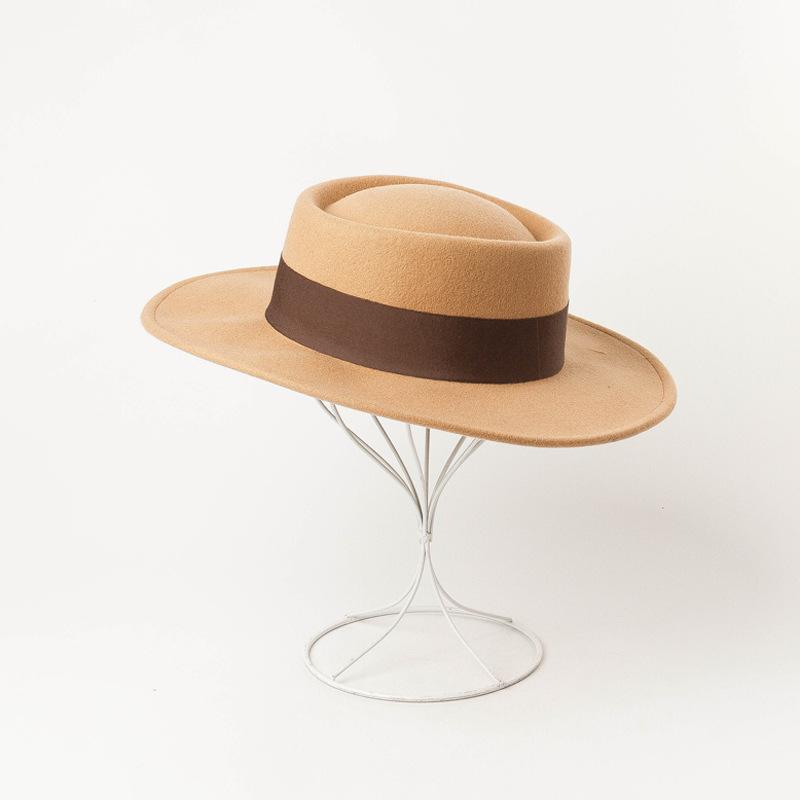 Neuer ringförmiger flacher Wollfilz-Zylinderhut mit breiter Krempe, Damenmode Frühling, Herbst und Winter flacher Wollzylinderhut