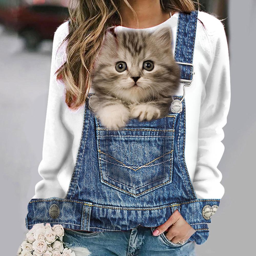 

Женский свитер, модная футболка с круглым вырезом и длинным рукавом, свободная одежда из искусственного хлопка, женская повседневная футболка с милым котом для девочек, уличная одежда