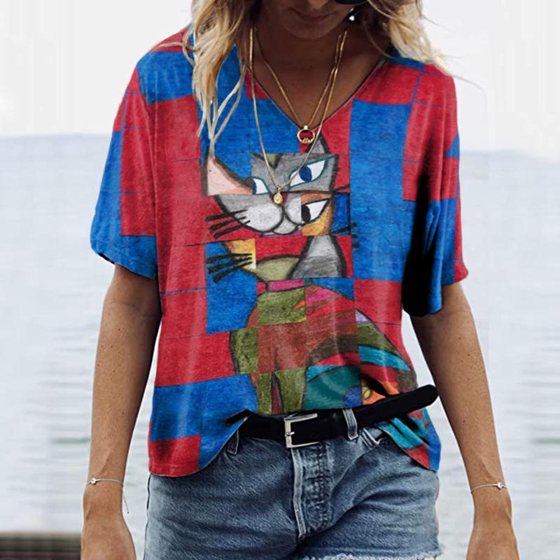 

Women s Loose European Summer Casual Style Solid Color 3D Printed Halloween 3D Short Sleeved V-neck T-shirt XS