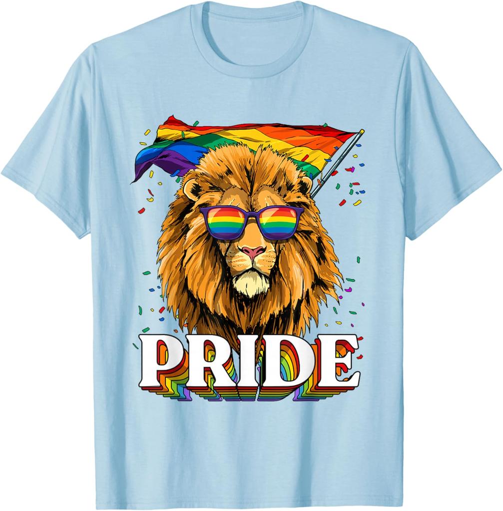 Lion Pride LGBT Rainbow Flag Sunglasses Graphic Tee Casual Cotton T-Shirt for Men