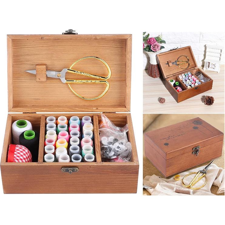 Tissting Wooden Sewing Kit Box, Vintage Taraxacum Pattern, Sewing Repair Tool Set with Storage Box, Needle Thread Storage Case Organizer, DIY Sewing