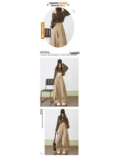 Retro Fleece-Lined Curved Leg Cargo Pants - Stylish, Slimming, Multi-Pocket, Wide-Leg Design