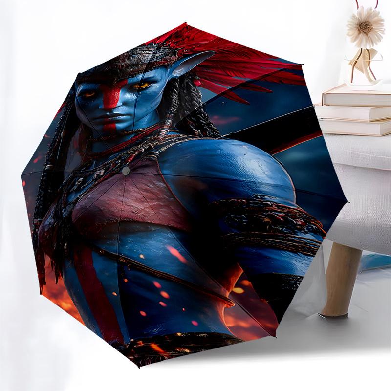 Avatar Inspired Feather Headdress with Automatic Opening Umbrella Portable 3 Fold Design, 8 Bone Iron Frame Outdoor Umbrella for Fans and Tr